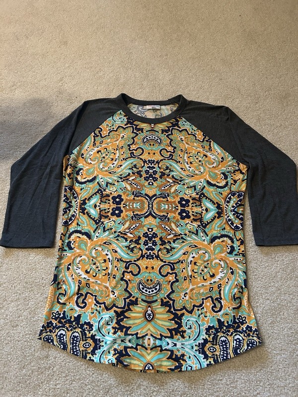 Women’s Lularoe Randy Baseball T Shirt Navy Blue Grey Orange Paisley Small