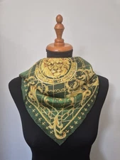 ALESSANDRA LUCIANO 90cm Silk Square Scarf Green Gold Lions Head Baroque Scroll