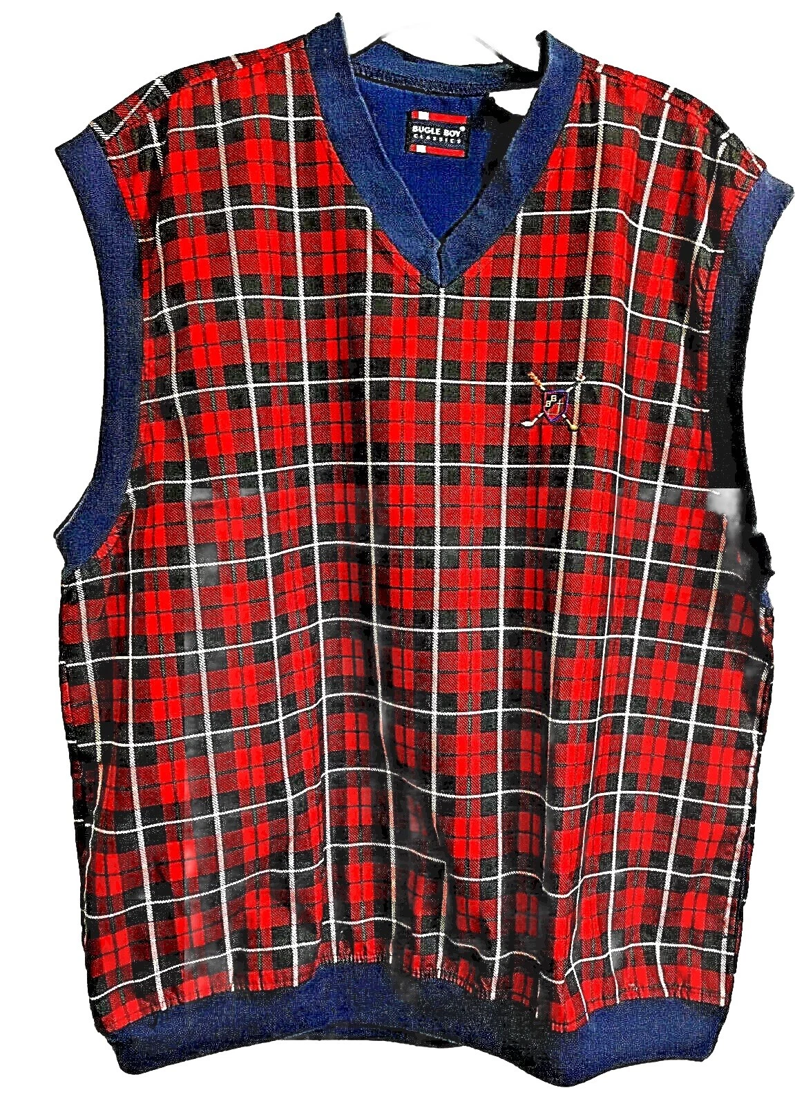 BUGLE BOY Men's Vest Size XL Plaids Embroidered Logo Knitted V Neck 2 Pocket New