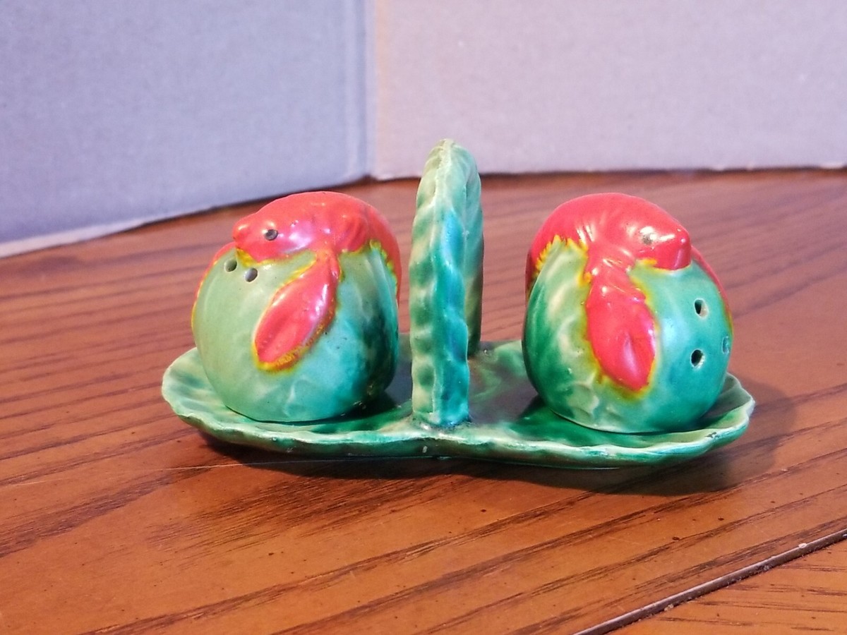 Vintage Japan Lobsters Salt Pepper Shaker Set with Base Orange/Red