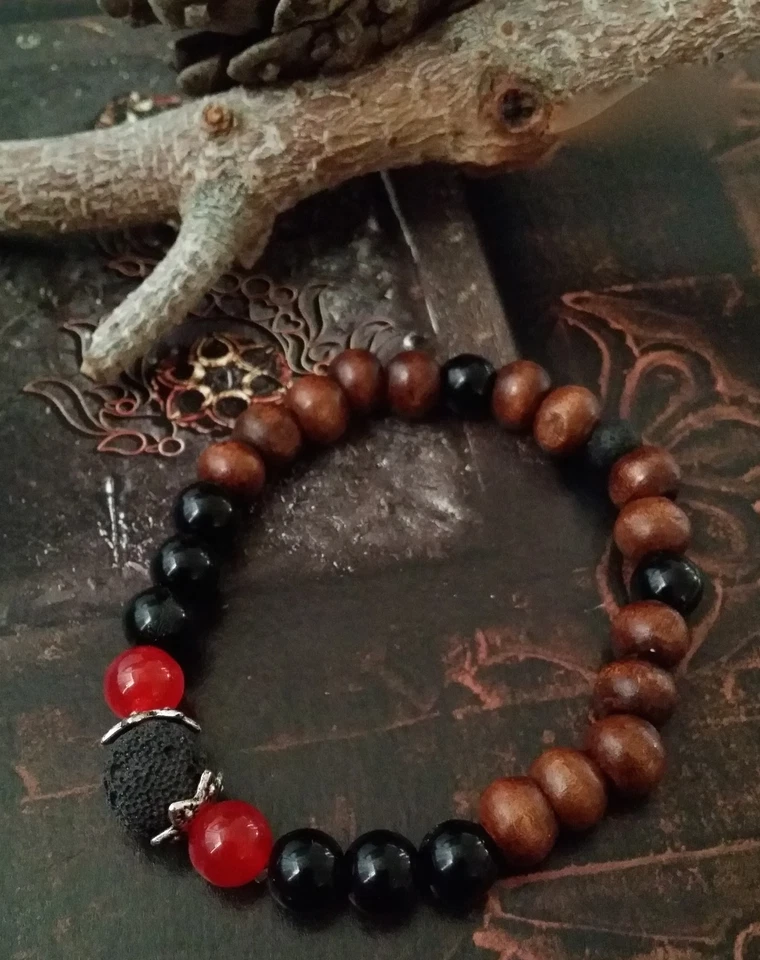 Pulsera JADE ÓNIX LAVA Energía Abierta Gemas Madera Cuentas Negra Protección Karma  Foto 4 de 4