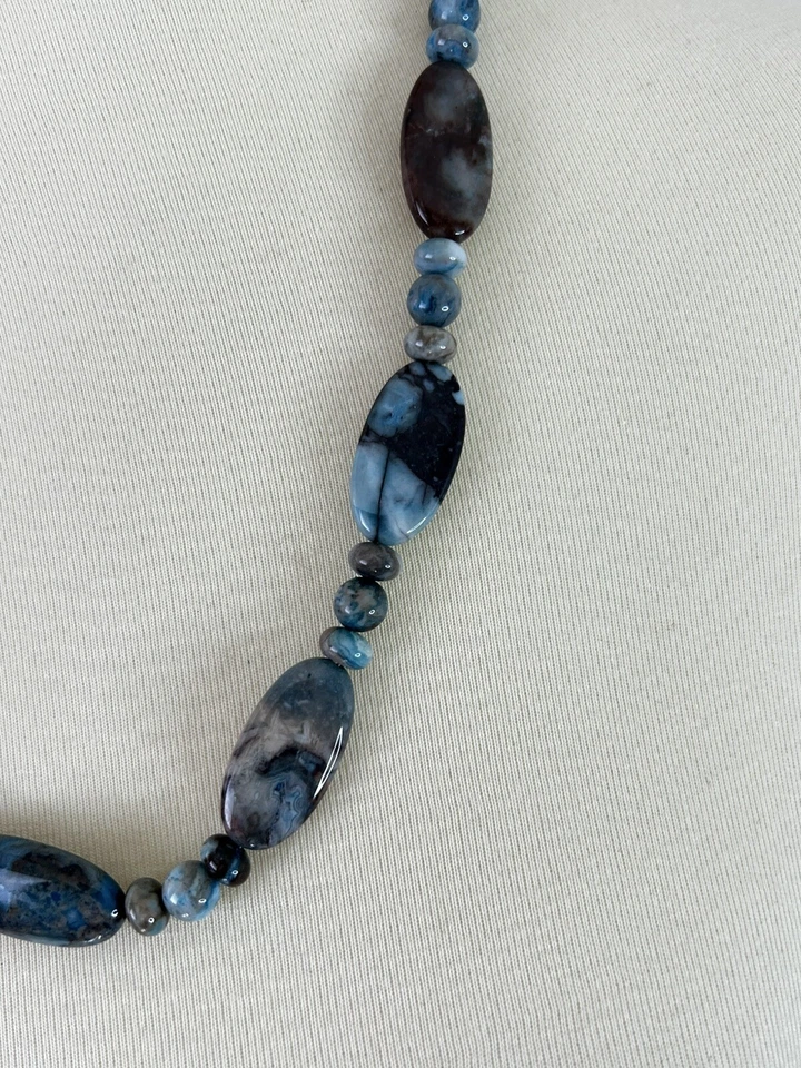 Collar Ágata Vintage Plata de Ley 24" Artesanal Teñido Azul Marrón Pulido Boho Foto 3 de 4