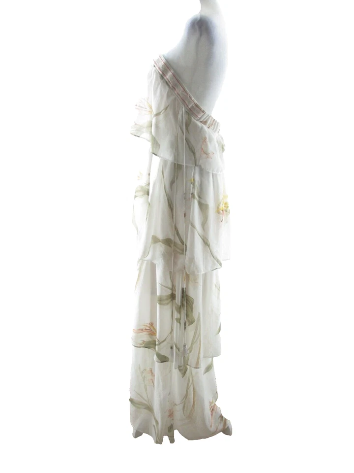Vestido maxi White House Black Market branco floral chiffon babado camadas camponesas G - Imagem 4 de 4