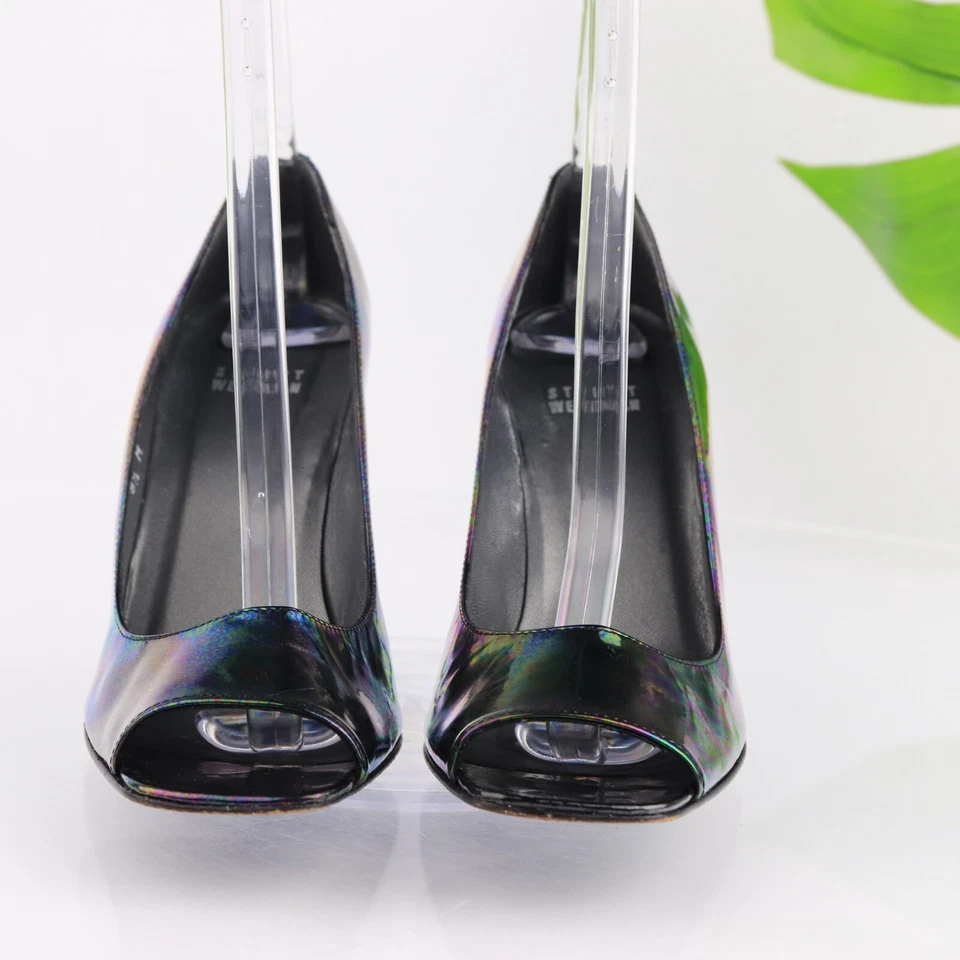 Zapatos de salón Stuart Weitzman para mujer talla 8,5 charol iridiscente oscuro punta abierta tacón alto Foto 2 de 4