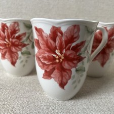 Lenox Butterfly Meadow Holiday Poinsettia Mugs Christmas Set of 4 Holiday Coffee