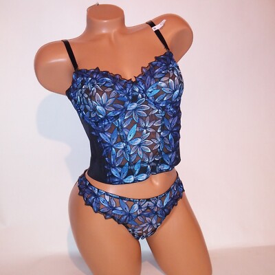 Victoria Secret Bra Set 32DD Unlined XS Thong Panty Black Blue