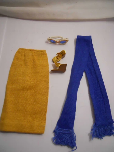 Barbie GOLD KNIT SKIRT 1963 Vintage BLUE SCARF Eyeglasses Gold plastic Wedges