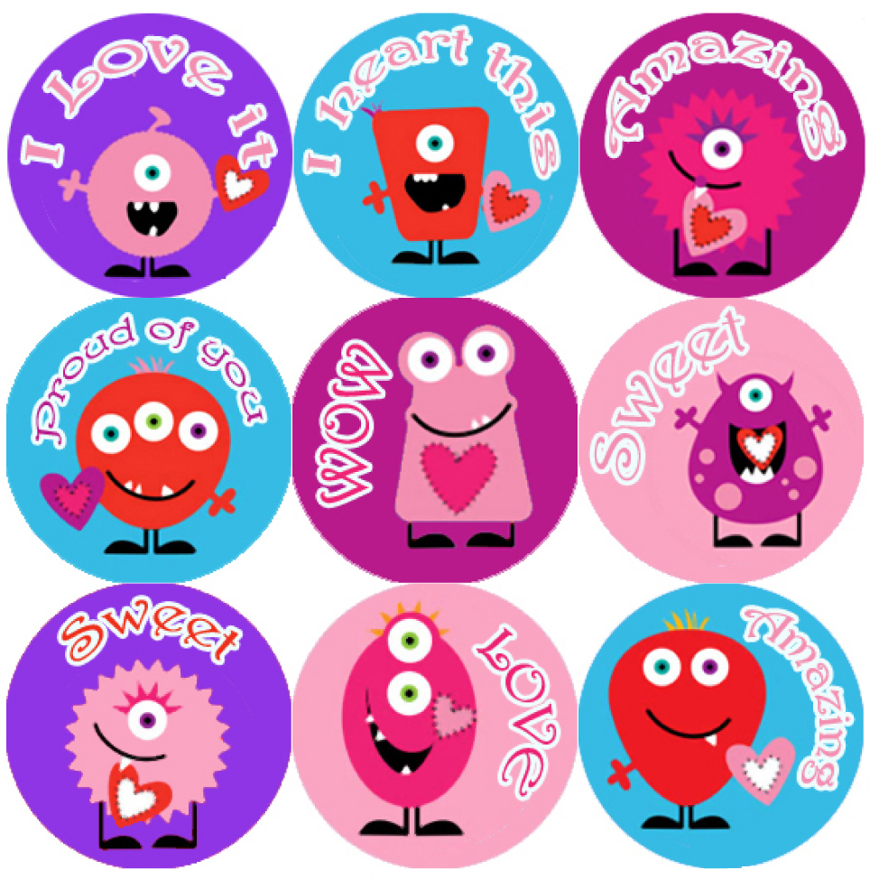 144 Monster Hearts Praise Words 30mm Kid's Reward Stickers for Teacher, Parent
