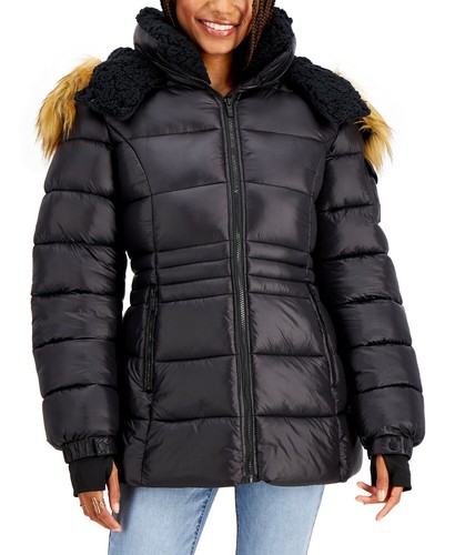 Steve Madden Juniors' Faux-Fur-Trim Hooded Shine Puffer Coat, Created for Macy's - Black - Size XXL