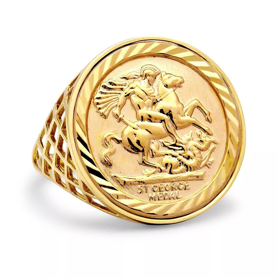 Men's Custom Coin Pinky Wedding Ring 14k Yellow Gold Plated 925 Sterling Silver