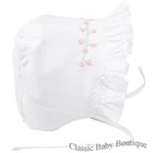 NWT Feltman Brothers White Pink Smocked Baby Bonnet Newborn Girls Rose 0 3 M