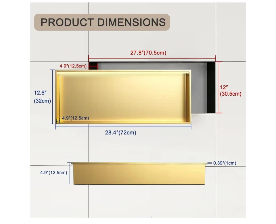 Nicho de ducha LED empotrado, acero inoxidable rectangular nichos individuales 28,4"X12,6", Foto 2 de 4