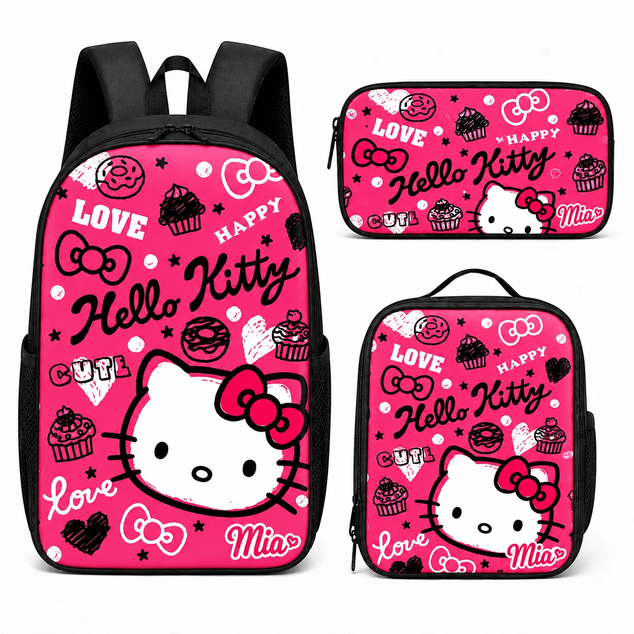 Personalized Pink Cartoon Cat Backpack Set Lunch Bag Pencil Case for Girls