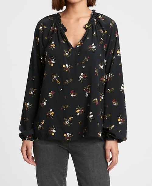 GAP Black Ruffled Neck Long Puffed Sleeve Micro Floral Print Blouse Size XL