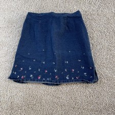 Y2K Route 66 Skirt Womens 7/8 Blue Denim A-Line Embroidered Floral Stretch Mini
