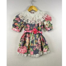 Girls Vintage Floral Dress Lace Collar Puff Sleeve Ruffle Pink Bow Made in USA