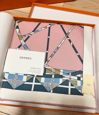 Hermes Scarf Stole Balade Ecossaise Pink Carriage Silk Woman Auth