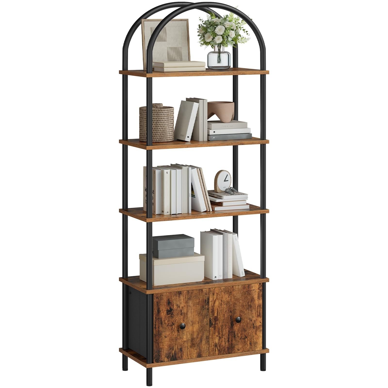 5-Tier Bookshelf, Arched Bookcase with 2 Drawers, Tall Industrial Style Displ...