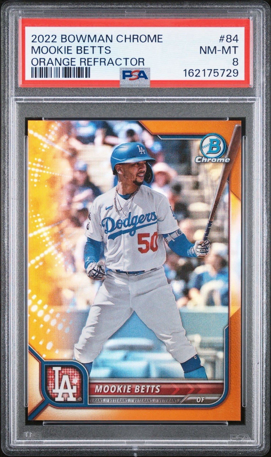 2022 BOWMAN CHROME TRUE GOLD REFRACTOR #84 MOOKIE BETTS /50 PSA 8 Dodgers view 1