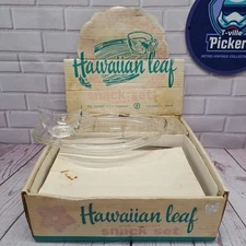 VTG Federal Glass HAWAIIAN LEAF Snack Plates & Cups Complete 8-piece Set W/ Box