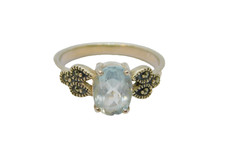 Sterling Silver Faceted Blue Topaz & Marcasite Dress Ring Vintage c1970 Size K