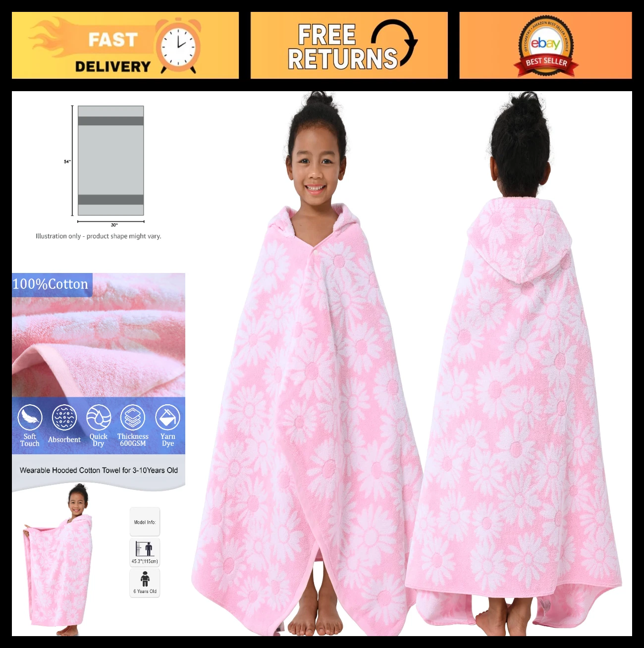 Hooded Bath Towels for Kids 3-10 Years - Soft Absorbent Turkish Cotton, Pink Dai