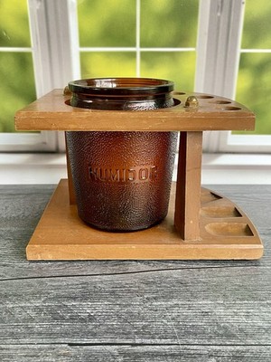 vintage pipe stand and tobacco jar Vintage Pipe Rack Holder Wood 7-Pipe Stand Glass Humidor-No LID Dun-Rite NY