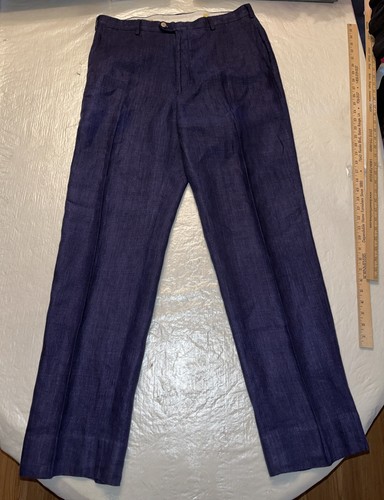 Alan Lebow 100% LINEN blue dress pants mens 34 34L Long navy blue 34x33 35x33