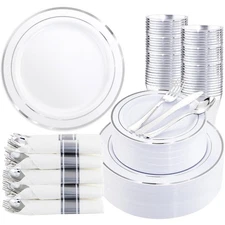 350-Piece Silver Plastic Dinnerware Set for 50 Guests - Includes Dinner Plates,
