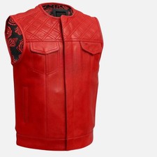 Men's Red Leather Vest Red paisley lining  Red Thread Concealed Waistcoat