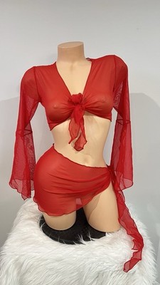 Stripper Outfit Red Mesh Set Exotic Dancewear Fits Sizes S-L