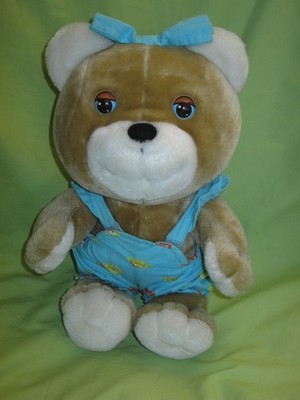 Vintage 1986 HASBRO 11'' Teddy Bear GOOGLIES PLUSH Sleep Eye PLUSH in Romper &Bow