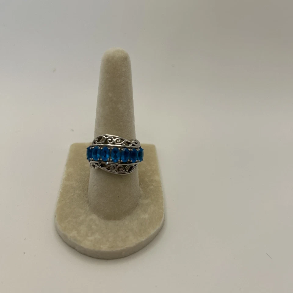 Anillo de ley 925 con 7 piedras ovaladas de apatita azul talla 7 firmado BBJ   Foto 4 de 4