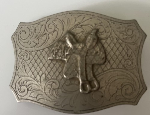 Vtg Western Cowboy Horse Saddle Belt Buckle Nickel Plated Hand Polished Engraved