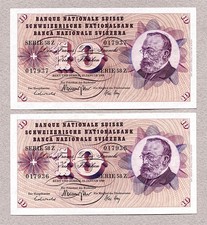 SWITZERLAND 2x10 Francs 1969 P45o UNC Running pair