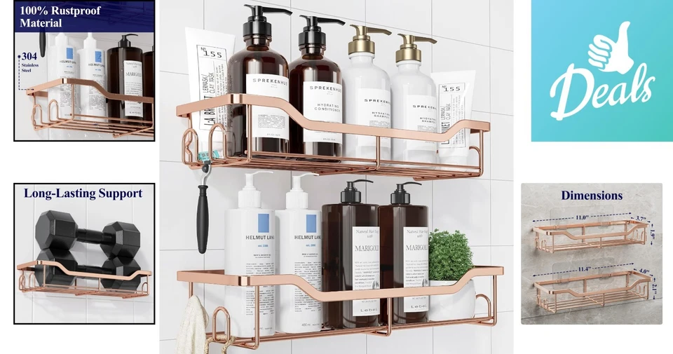 Carrito de ducha a prueba de óxido oro rosa - Paquete de 2 organizadores adhesivos para almacenamiento elegante Foto 2 de 4