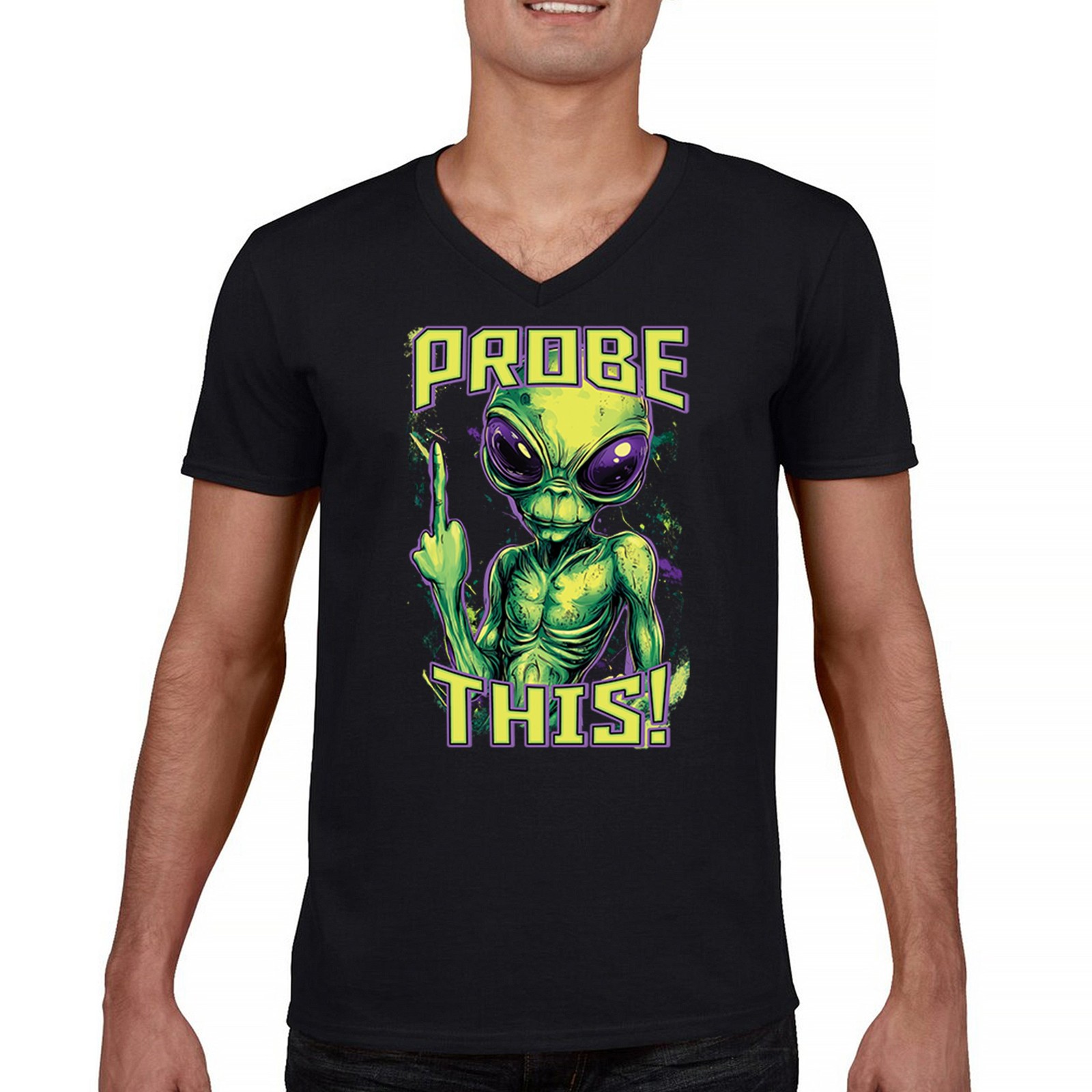 ALTRA T shirt uomo scollo a V Probe This Mean Alien divertente sarcastico dito medio UFO