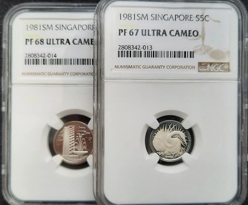 1981-SM Singapore 1c PF68 UC & 5c PF67 UC Proof Silver Coins NGC Set