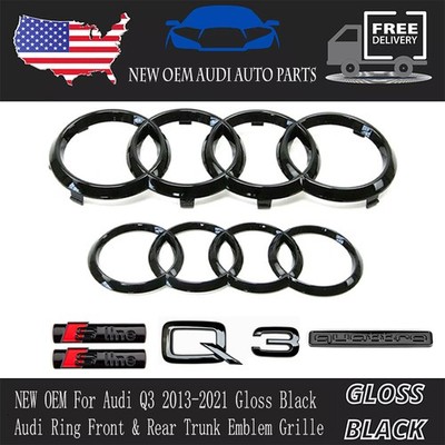 Audi Q3 Emblem Gloss Black Rings Front Rear Quattro Sline Combo Set 6Pcs 2013-21