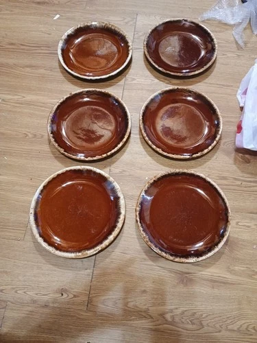 Lot of 6 Hull Pottery Brown Drip Glaze 10.5" Dinner Plates VTG Oven Proof USA