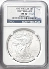 2013 W BURNISHED SILVER EAGLE WITH W MINT MARK EARLY RELEASES NGC MS70