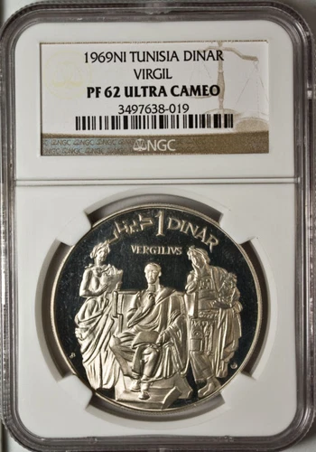1969 Tunisia Large Silver Proof Virgil-Roman Poet 1 D-Rare Italian Mint NGC PF62