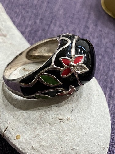 David Sigal Sterling Silver Black Onyx Floral Enamel Fancy Dome Ring, Size 8.5 - Picture 4 of 7