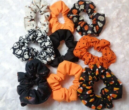 Handmade Halloween Scrunchies Hair Ties Holders Pumpkin sugar skull black cat
