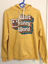 Walt Disney World Retro 70's Style Rainbow Logo Yellow Hoodie Vtg Sweatshirt M