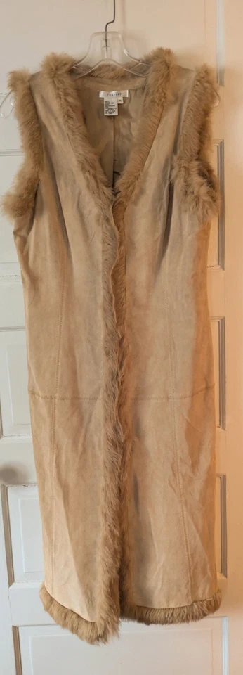 Co & Eddy Suede & Rabbit Fur Trim Sleeveless Longline Vest MED Lined Beige/Tan - Image 3 of 4
