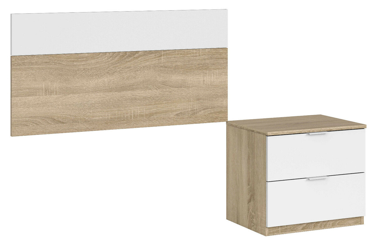 Cabecero y Mesita de noche Dormitorio Matrimonio en Blanco y Roble 100x50 cm