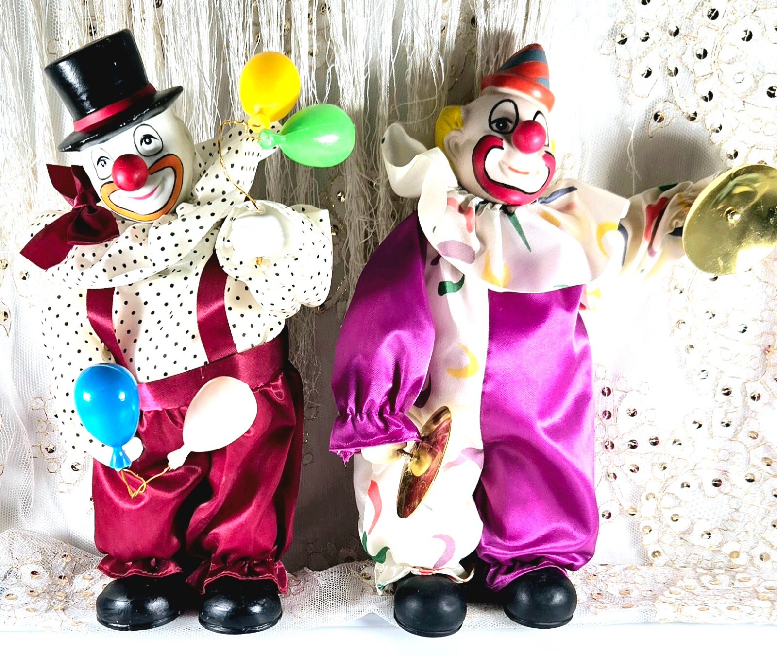 Vintage Musical Porcelain Clown Set with Cymbals & Balloons - 2 Pieces