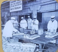 Trimming Swift's Bacon, Chicago, Illinois, c1920's Magic Lantern Glass Slide