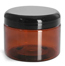 Lot of 22 - 6 oz Amber Plastic Jars with Black Domed Lined Lids